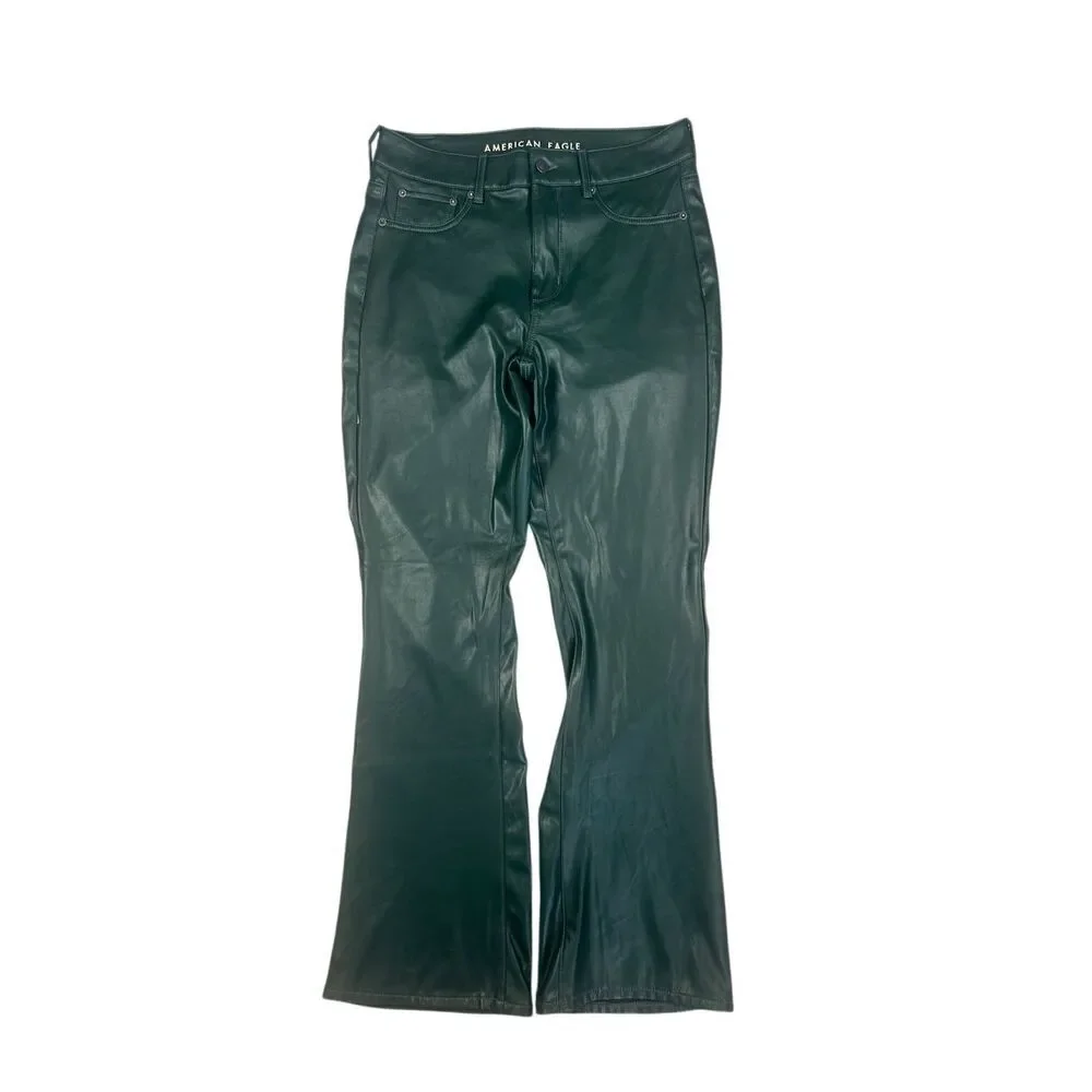 American Eagle Stretch Vegan Leather Green Super High-Waisted Kick Boot Pant 12